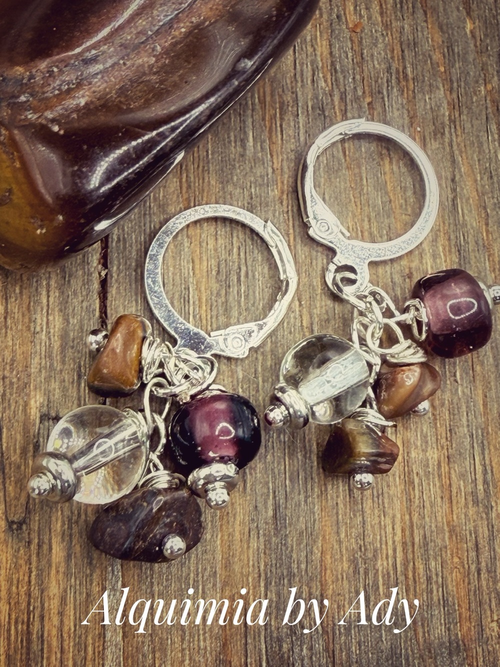 Tiger's Eye Statement cluster +  Brown & Purple Bead Dangle Earrings